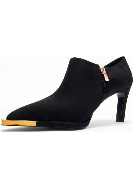 Sona Siyah Süet Altın Detaylı Fermuarlı Kadın Bilekte Topuklu Ayakkabı fırsatları