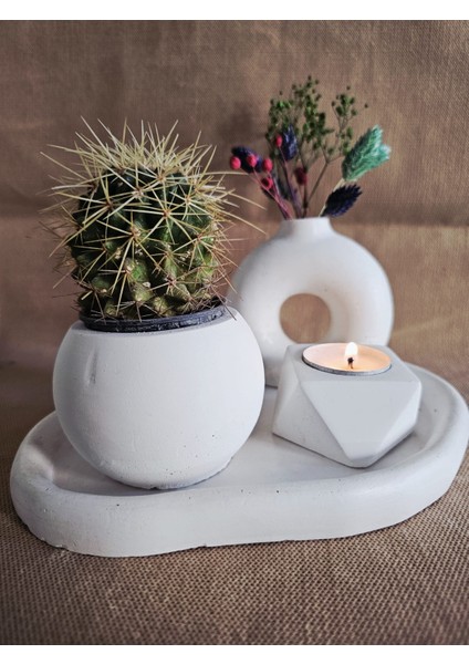 El Yapımı Dekoratif Beton 4'lü Set | Tepsi Donut Vazo Saksı Mumluk | Modern Minimalist Ev Ofis Aksesuarı modelleri