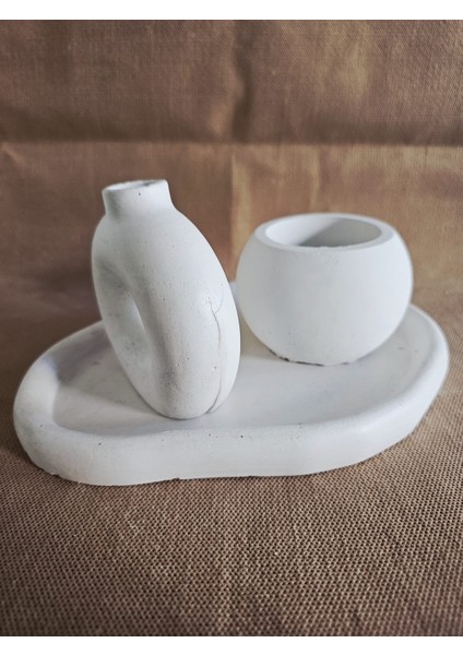 El Yapımı Dekoratif Beton 4'lü Set | Tepsi Donut Vazo Saksı Mumluk | Modern Minimalist Ev Ofis Aksesuarı fırsatları