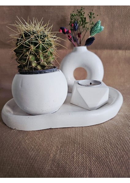 El Yapımı Dekoratif Beton 4'lü Set | Tepsi Donut Vazo Saksı Mumluk | Modern Minimalist Ev Ofis Aksesuarı indirimleri