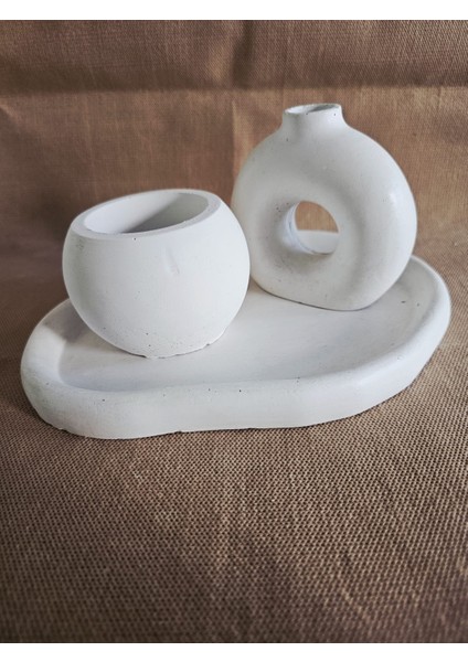 El Yapımı Dekoratif Beton 4'lü Set | Tepsi Donut Vazo Saksı Mumluk | Modern Minimalist Ev Ofis Aksesuarı
