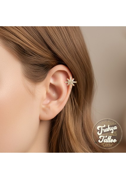 Altın Renk Zirkon Taşlı Sıkıştırmalı Kuzey Yıldızı Kıkırdak Küpe Earcuff