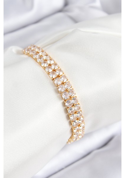 Pirinç Zirkon Taşlı Çift Sıra Kare Model Gold Renk Asansörlü Kadın Bileklik