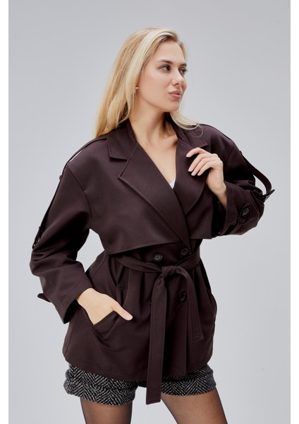 Oversize Acı Kahve Rüzgarlık Detaylı Beli Kuşaklı Trençkot