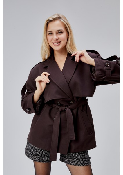 Oversize Acı Kahve Rüzgarlık Detaylı Beli Kuşaklı Trençkot fırsatları