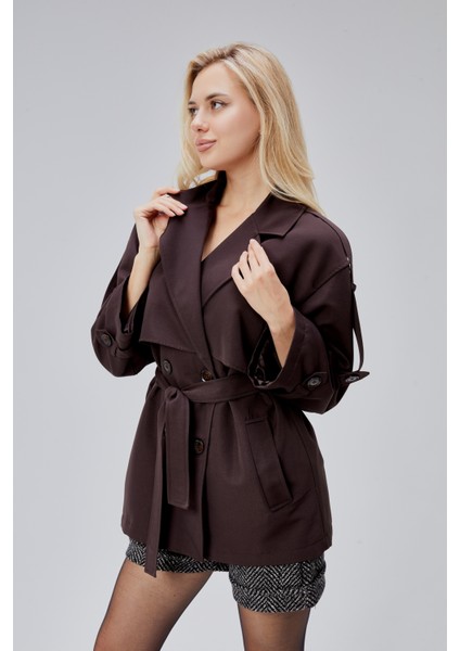 Oversize Acı Kahve Rüzgarlık Detaylı Beli Kuşaklı Trençkot indirimleri