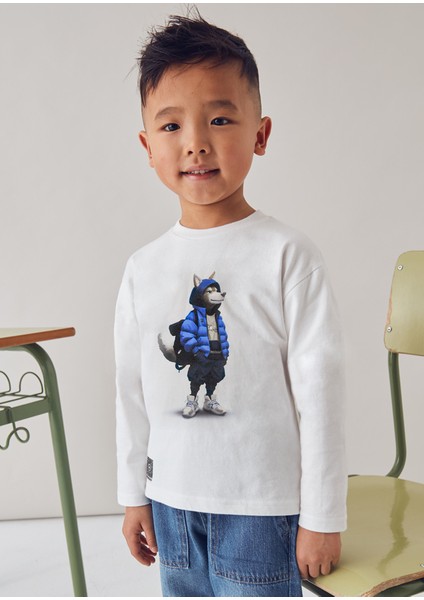 4-10 Yaş Arası Uzun Kollu T-Shırt - Krem