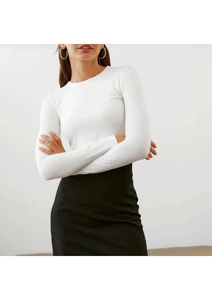 Bayan Uzun Kollu Sıfır Yaka Basıc Body