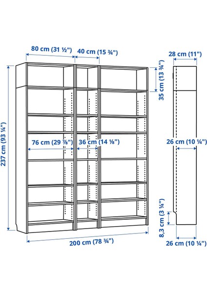 Kitaplık, Beyaz, 200X28X237 cm modelleri