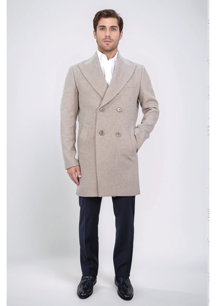 Kruvaze Sivri Yaka Yün ve Kaşmir Karışımlı Bej Kaban