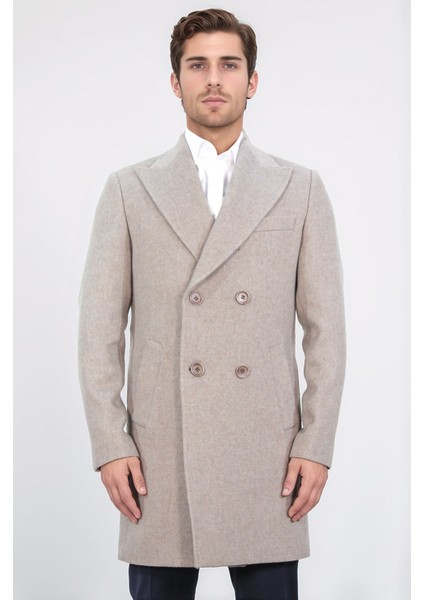 Kruvaze Sivri Yaka Yün ve Kaşmir Karışımlı Bej Kaban fiyatları