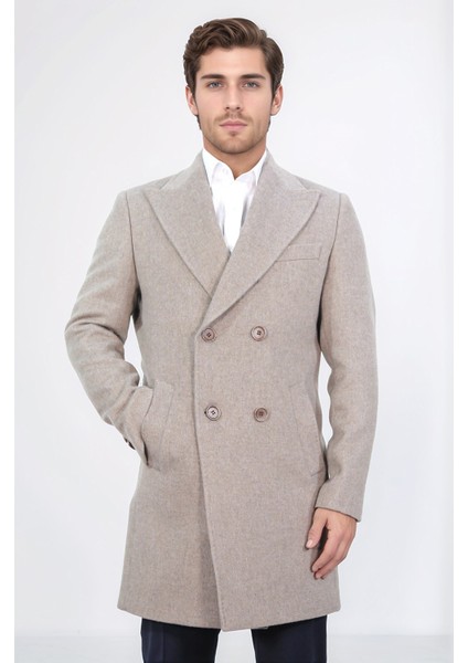 Kruvaze Sivri Yaka Yün ve Kaşmir Karışımlı Bej Kaban modelleri