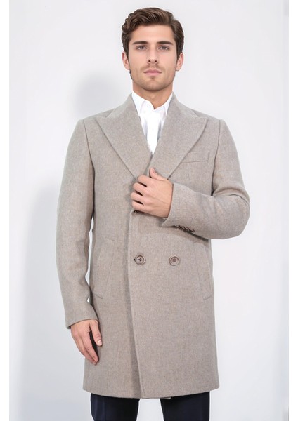 Kruvaze Sivri Yaka Yün ve Kaşmir Karışımlı Bej Kaban fırsatları