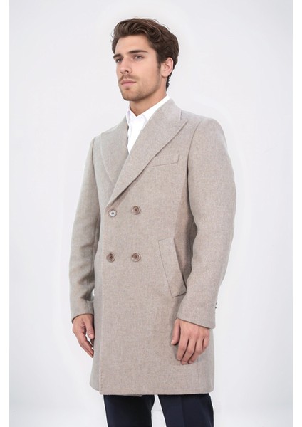 Kruvaze Sivri Yaka Yün ve Kaşmir Karışımlı Bej Kaban indirimleri