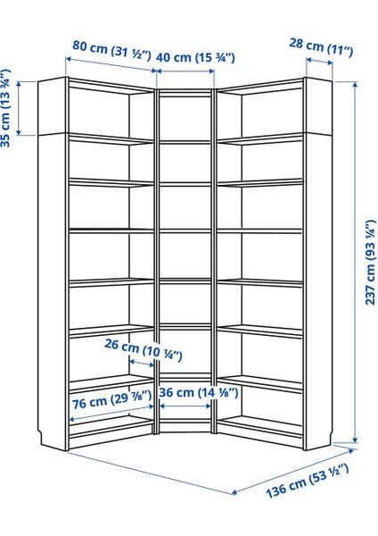 Köşe Kitaplık, Beyaz, 136/136X28X237 cm modelleri