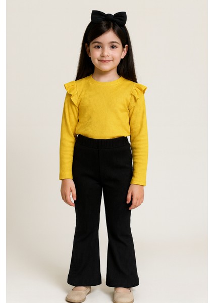 Kız Çocuk 3’lü Takım Sarı Badi, Siyah Ispanyol Tayt ve Bandana – Günlük Şık Kombin