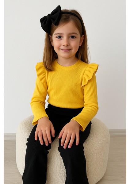 Kız Çocuk 3’lü Takım Sarı Badi, Siyah Ispanyol Tayt ve Bandana – Günlük Şık Kombin fiyatları