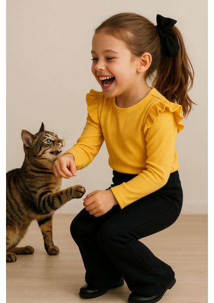 Kız Çocuk 3’lü Takım Sarı Badi, Siyah Ispanyol Tayt ve Bandana – Günlük Şık Kombin modelleri