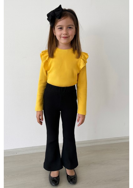 Kız Çocuk 3’lü Takım Sarı Badi, Siyah Ispanyol Tayt ve Bandana – Günlük Şık Kombin