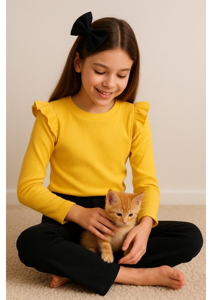 Kız Çocuk 3’lü Takım Sarı Badi, Siyah Ispanyol Tayt ve Bandana – Günlük Şık Kombin