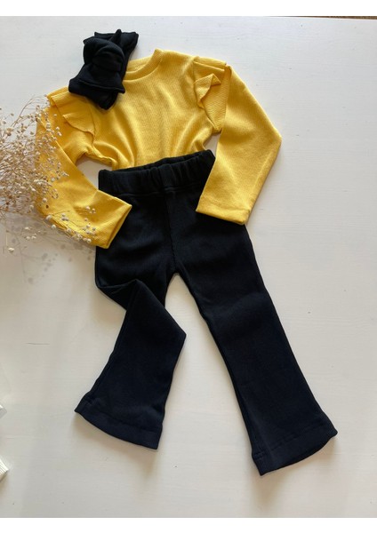 Kız Çocuk 3’lü Takım Sarı Badi, Siyah Ispanyol Tayt ve Bandana – Günlük Şık Kombin