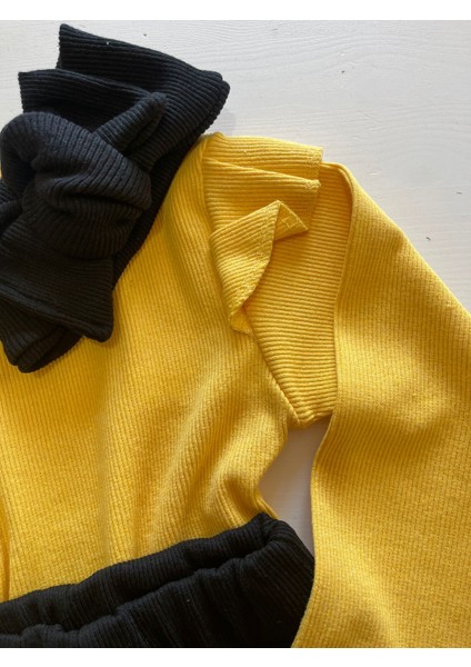 Kız Çocuk 3’lü Takım Sarı Badi, Siyah Ispanyol Tayt ve Bandana – Günlük Şık Kombin