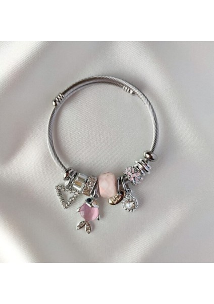 Gümüş Renk Charmlı Balıklı Pembe Pandora Çelik Bileklik - Pembe ve Taşlı Charm'lı Hazır Set Bileklik