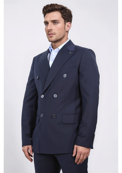 Slim Fit Sivri Yaka Kruvaze Lacivert Takım Elbise modelleri