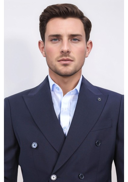 Slim Fit Sivri Yaka Kruvaze Lacivert Takım Elbise indirimleri