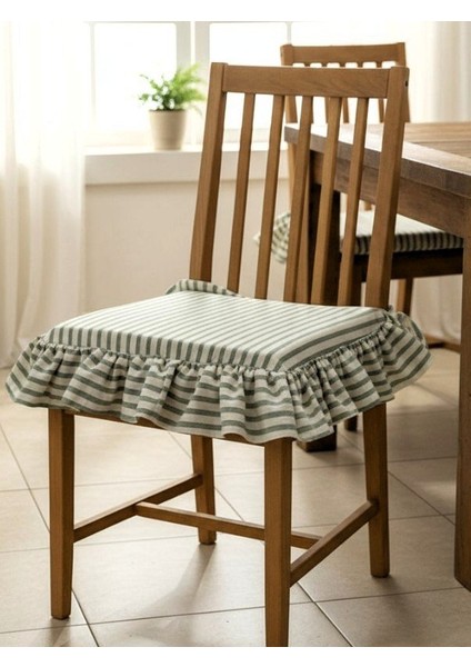 Yeşil Çizgili Buldan Yıkanmıs Keten 4 Tarafı Fırfırlı Sandalye Minderi fiyatları