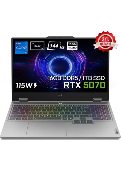 Loq 15IRX10 Intel Core I7-13650HX 16GB Ddr5 1tb SSD RTX5070 8gb 115W 15.6 Inç Full Hd 144Hz IPS Freedos Gaming Laptop (83JE00EWTRV2)