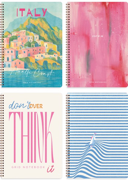 A4 Spiralli Karton Kapak 4'lü Set Kareli Okul Defteri 80 Yaprak - Ders Programlı Çok Renkli