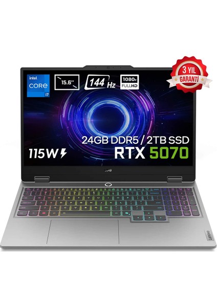 Loq 15IRX10 Intel Core I7-13650HX 24GB Ddr5 2tb SSD RTX5070 8gb 115W 15.6 Inç Full Hd 144Hz IPS Freedos Gaming Laptop (83JE00EWTRV1)