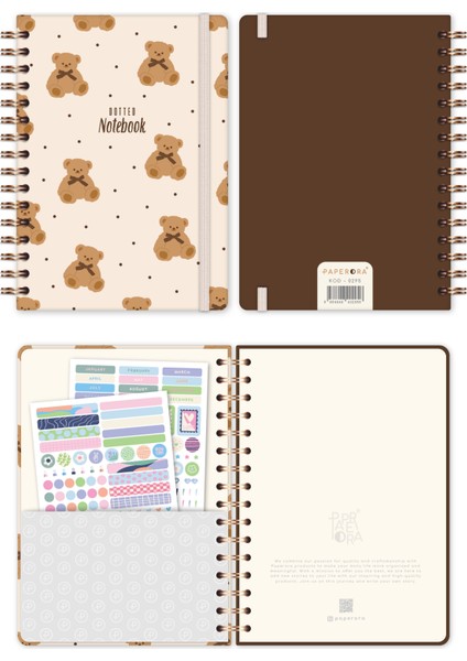 A5 Spiralli Sert Kapak Lastikli Noktalı Not Defteri Ayıcık