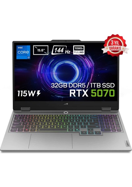 Loq 15IRX10 Intel Core I7-13650HX 32GB Ddr5 1tb SSD RTX5070 8gb 115W 15.6 Inç Full Hd 144Hz IPS Freedos Gaming Laptop (83JE00EWTRV4)
