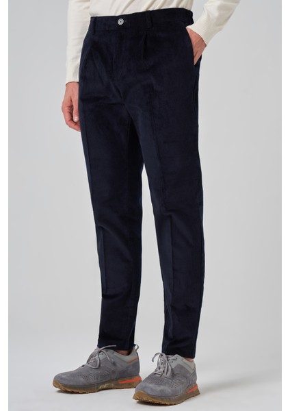 Erkek Lacivert Pamuk Trend Fitilli Kadife Lastikli Slim Fit Pantolon