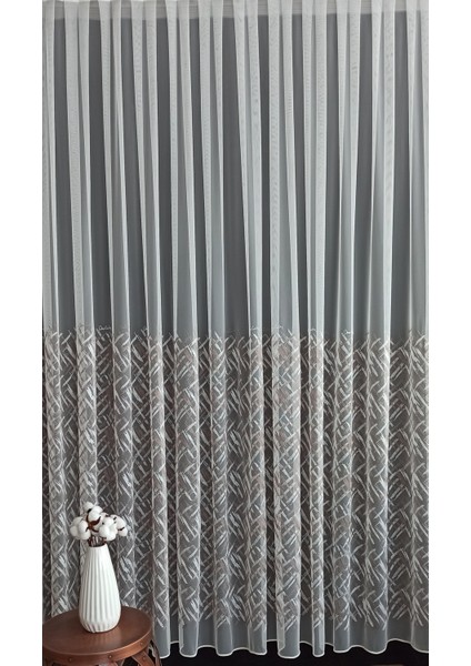 Eteği Nakışlı Grek Zeminli Pileli Kırışmaz Tül Perde