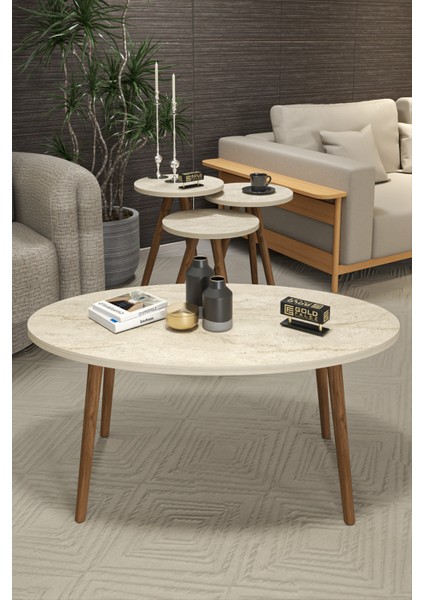 Orta Sehpa ve 3 Lü Zigon Sehpa Torna Elips Traverten