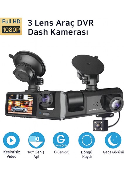 Üç Kameralı Wi-Fi Araç Içi Güvenlik Kamerası | G-Sensor | 1080P Hd | Gece Görüşlü fiyatları