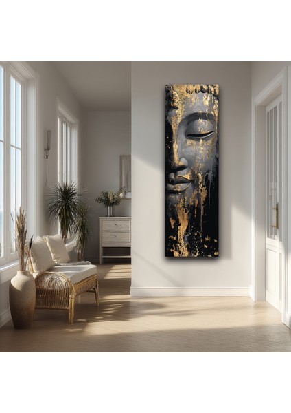 Altın Detaylı Buddha Panoramik Kanvas Tablo - Dikey Siyah Altın Dekoratif Duvar Tablosu, Modern Ev ve Ofis Dekoru