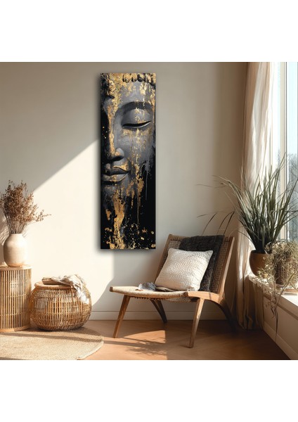 Altın Detaylı Buddha Panoramik Kanvas Tablo - Dikey Siyah Altın Dekoratif Duvar Tablosu, Modern Ev ve Ofis Dekoru fiyatları