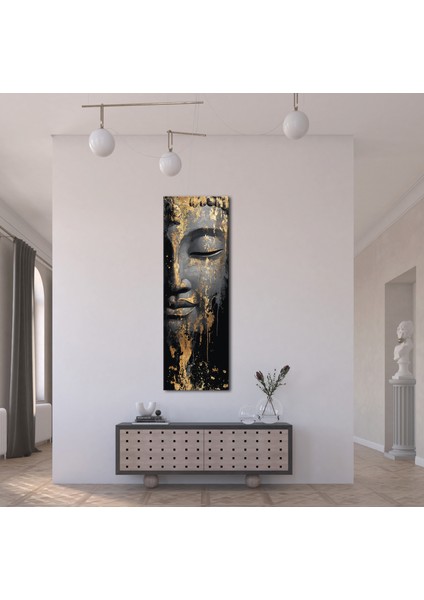 Altın Detaylı Buddha Panoramik Kanvas Tablo - Dikey Siyah Altın Dekoratif Duvar Tablosu, Modern Ev ve Ofis Dekoru fırsatları