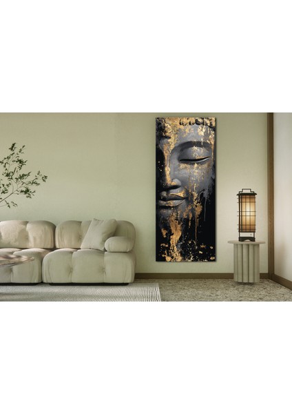 Altın Detaylı Buddha Panoramik Kanvas Tablo - Dikey Siyah Altın Dekoratif Duvar Tablosu, Modern Ev ve Ofis Dekoru