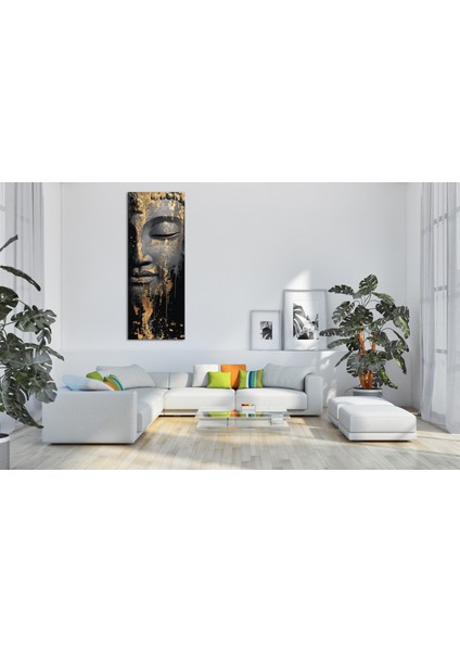 Altın Detaylı Buddha Panoramik Kanvas Tablo - Dikey Siyah Altın Dekoratif Duvar Tablosu, Modern Ev ve Ofis Dekoru