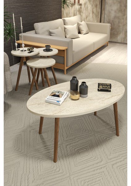 Orta Sehpa ve 3 Lü Zigon Sehpa Torna Elips Traverten