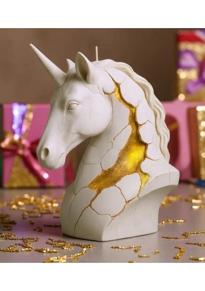 Altın Sızan Tek Boynuzlu Unicorn At Mum Dekoratif El Yapımı Tasarım Mum 11 cm