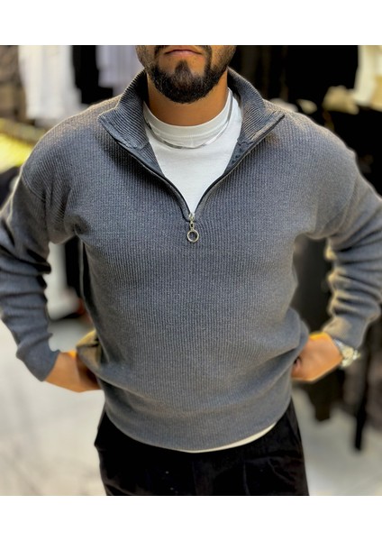 Erkek Slim Fit Fermuarlı Siyah Renk Triko Kazak