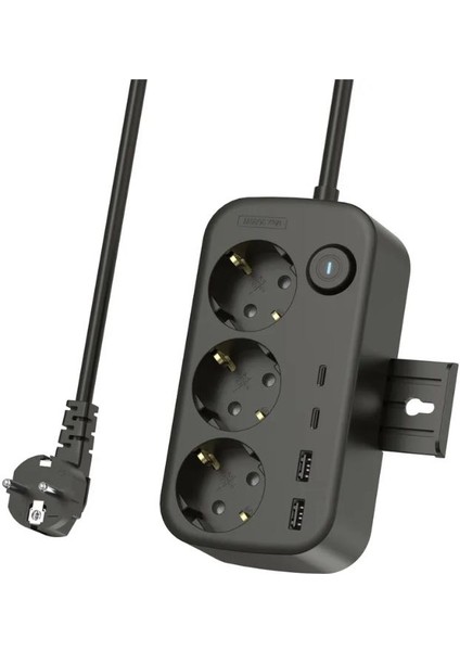 Akım Koruma ve Güvenlik Kapaklı 3 Priz 2 USB 2 Type-c Girişli Sabitlenebilir 2 M Uzatma Kablolu Priz