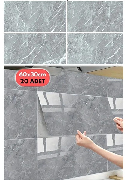 20 Adet 60X30 Gri Modern Su Geçirmez Duvar Çıkartmaları Kendinden Yapışkanlı Fayans Etiket Zemin