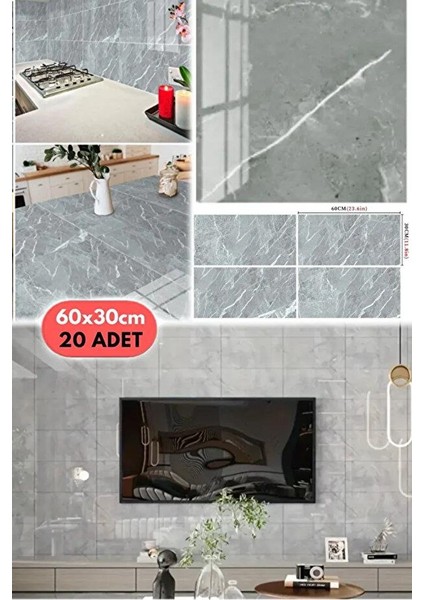 20 Adet 60X30 Gri Modern Su Geçirmez Duvar Çıkartmaları Kendinden Yapışkanlı Fayans Etiket Zemin modelleri
